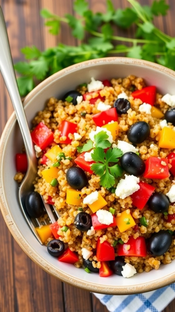 A colorful bowl of Mediterranean quinoa with bell peppers, tomatoes, olives, and feta cheese, garnished with parsley.